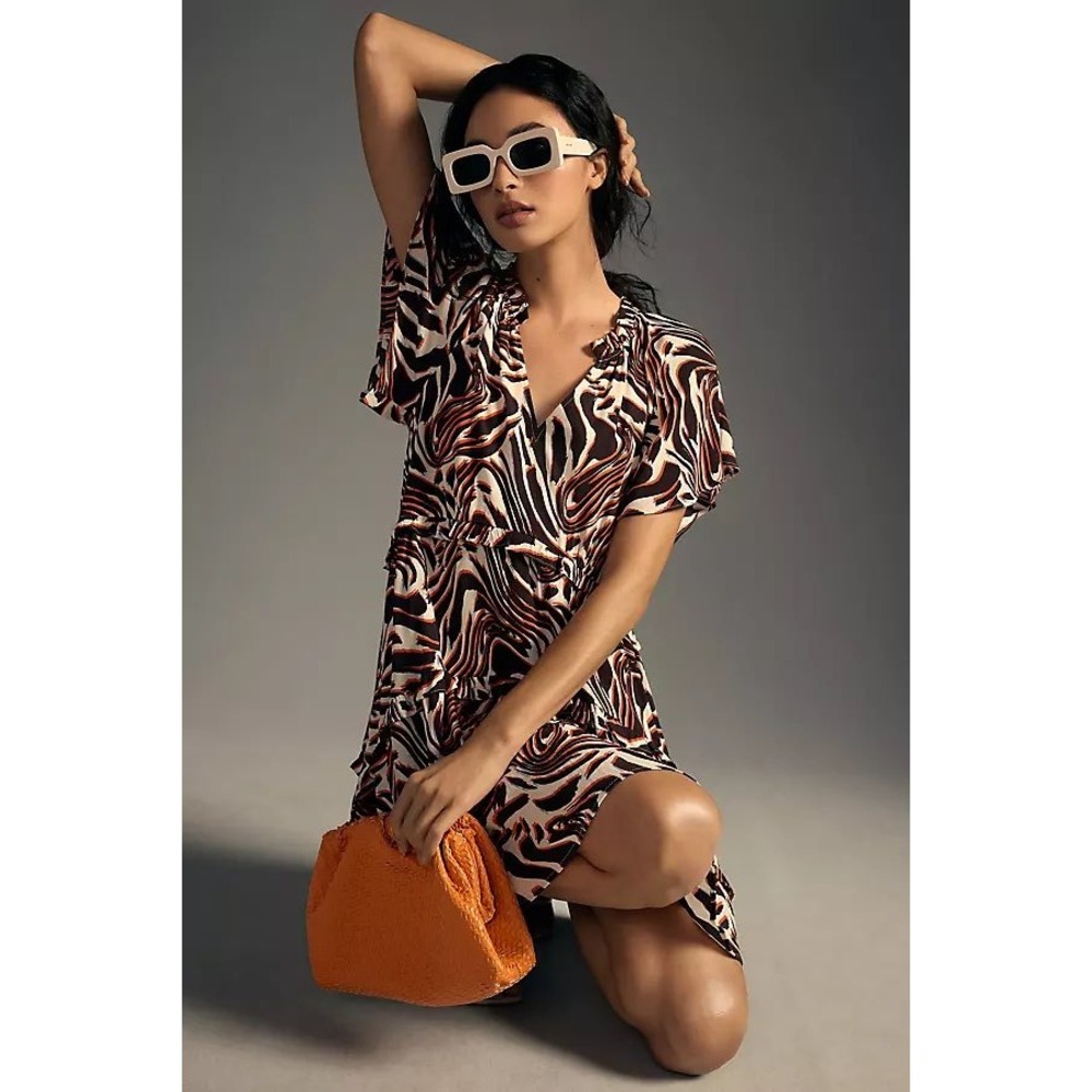NWT By Anthropologie Robin Tiered Mini Dress In Zebra‎ Print Brown/Orange Size L